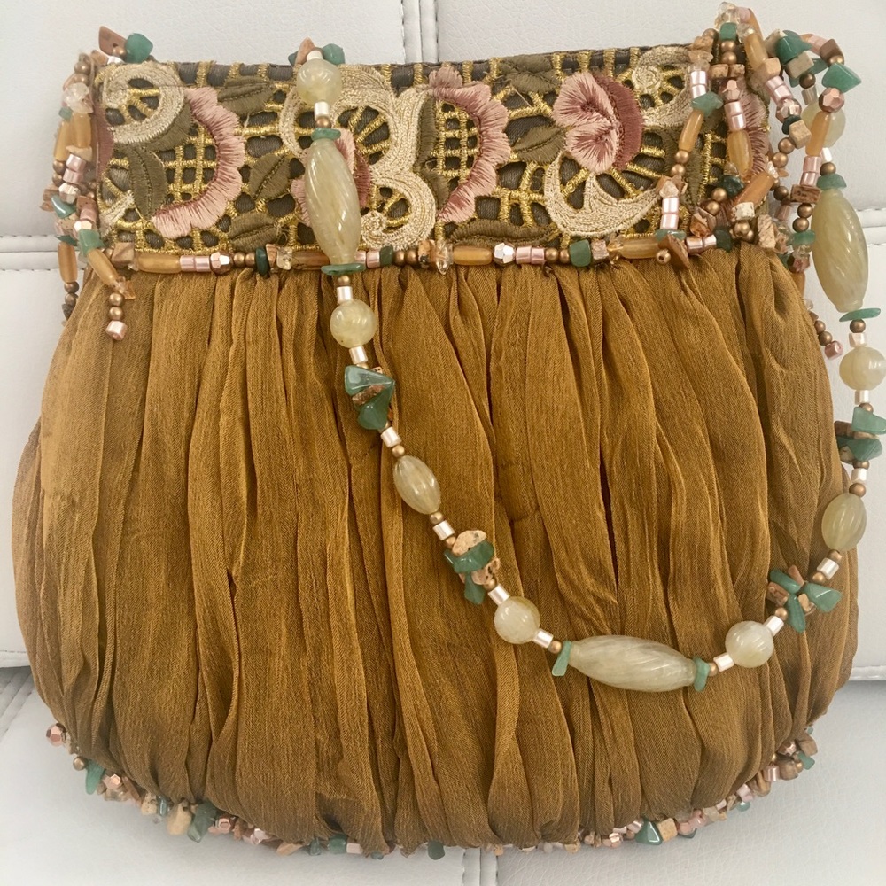 Beaded +  w/ multi green beige caramel beads bag